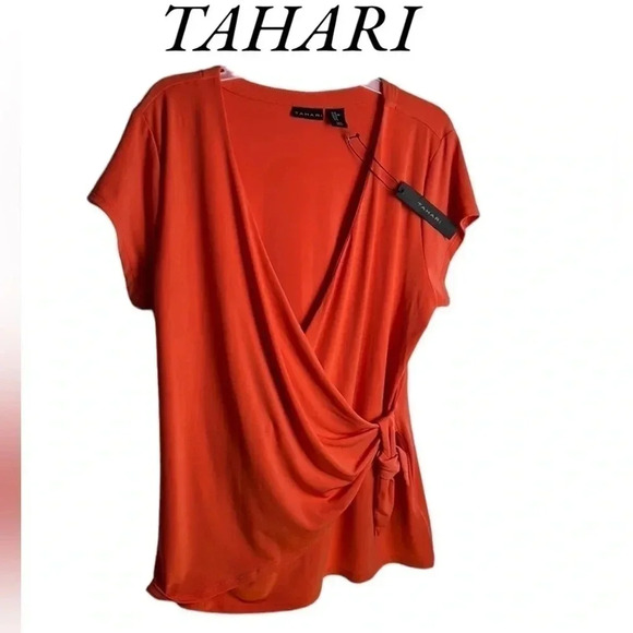 Tahari Tops - TAHARI blouse women  XL ,Orange faux wrap,ruched side,deep v cap sleeve fitted